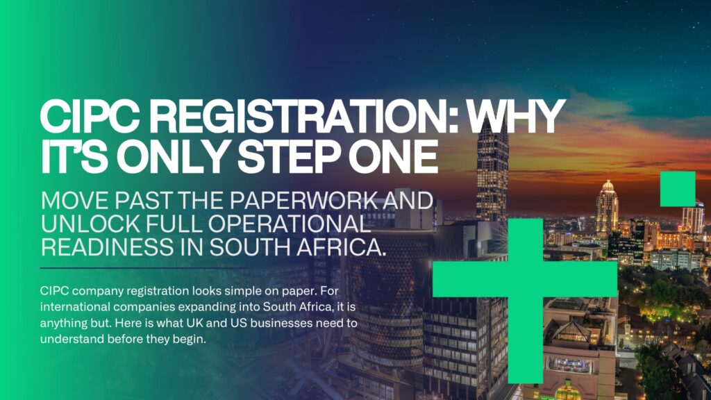 International business executive completing CIPC company registration documents for a South African subsidiary